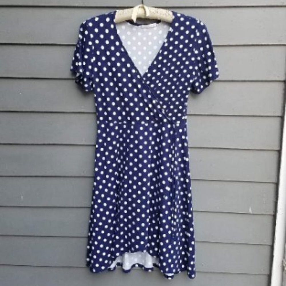 Caution to the Wind Navy Poka Dot Faux Wrap Dress size Large